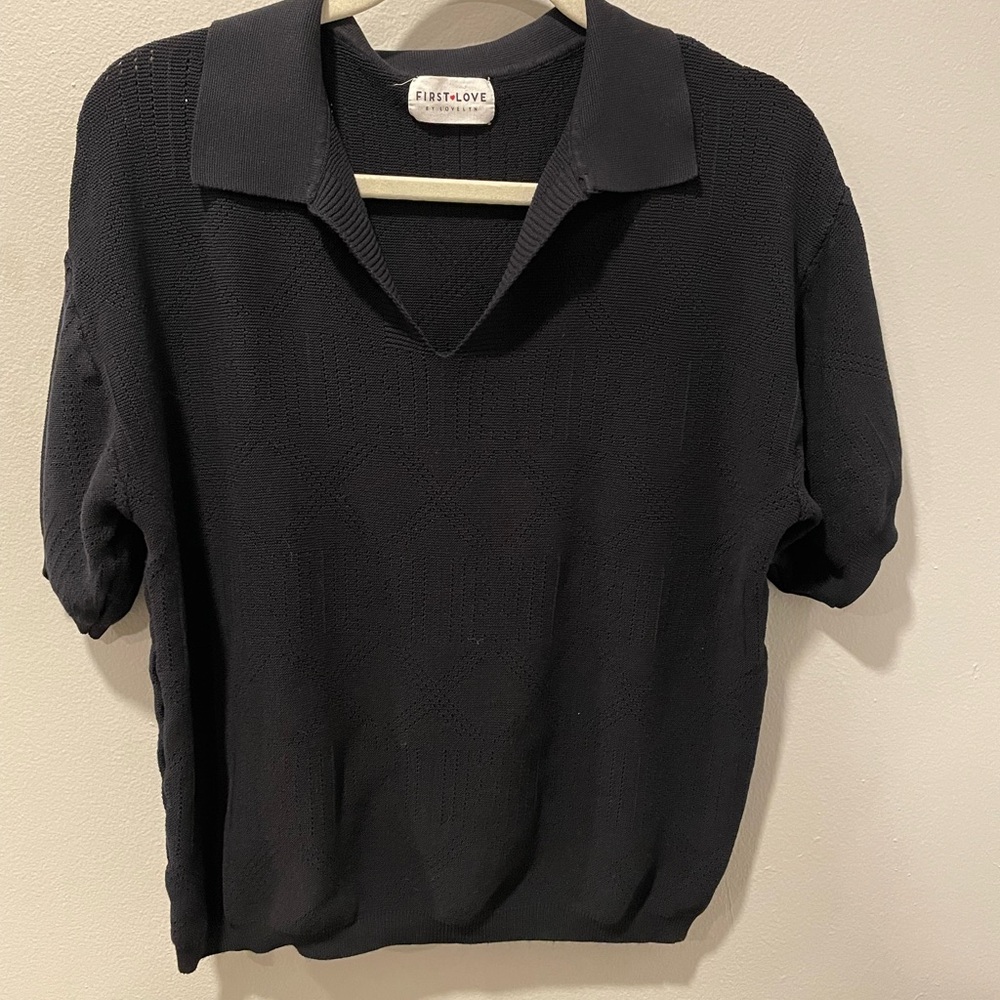 First Love Black Ribbed Knit Polo Top